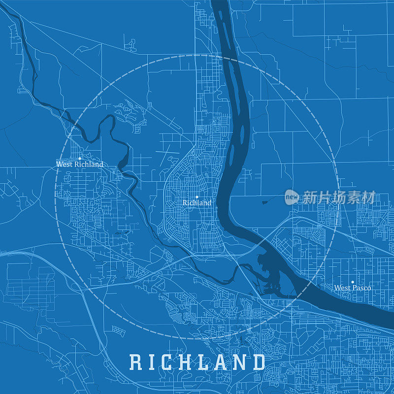 Richland WA城市矢量道路图蓝色文本